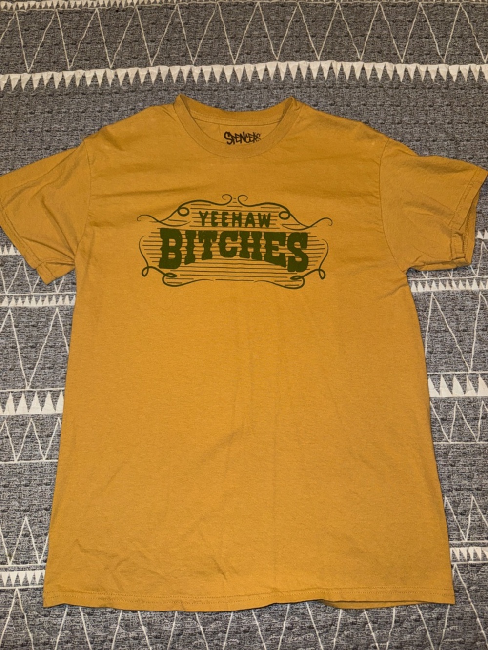Salvage Mustard Tee with Green 'Yeehaw Bitches' Graphic